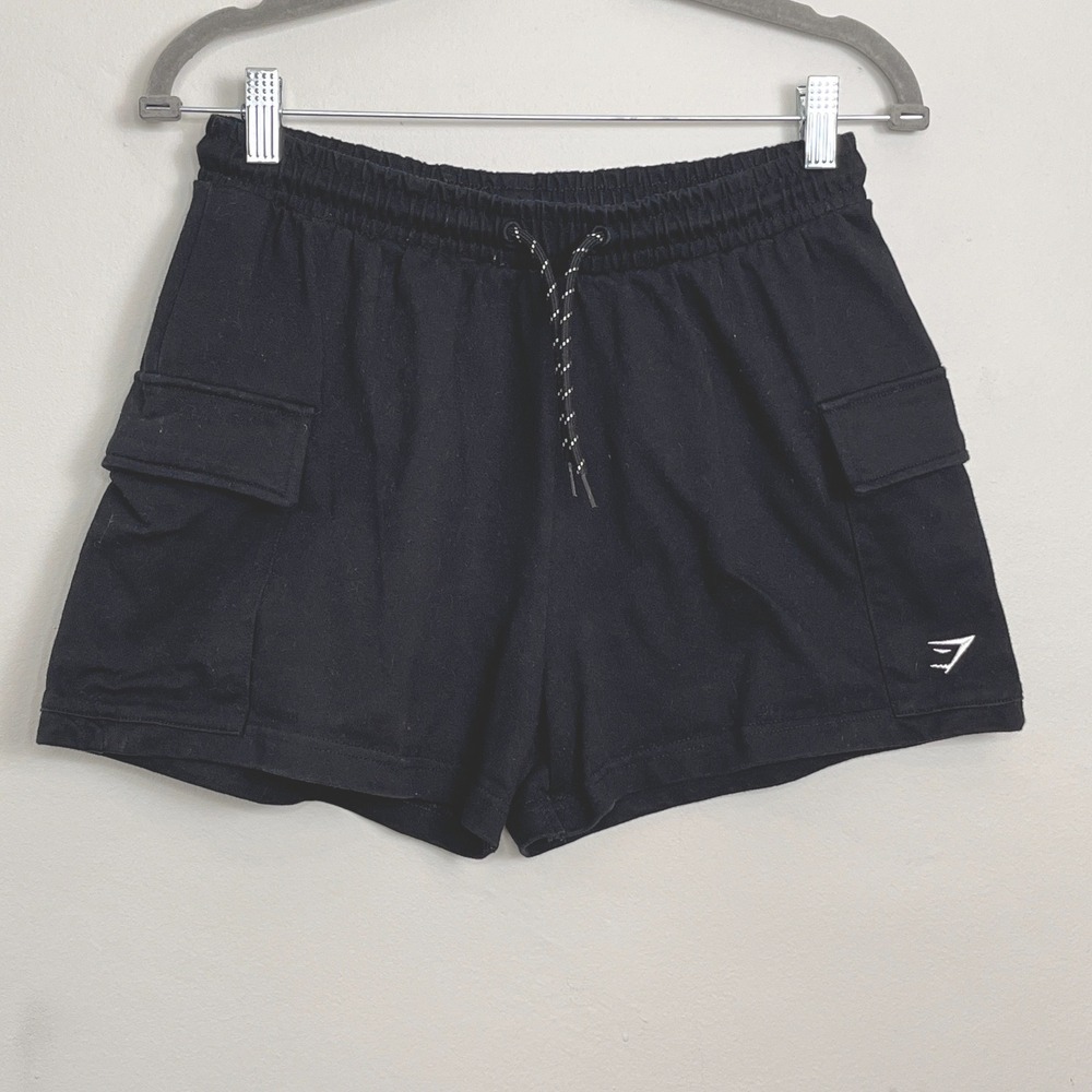 Gymshark‎ Women's Cargo Shorts Black Drawstring Waist Logo Comfort Athleisure